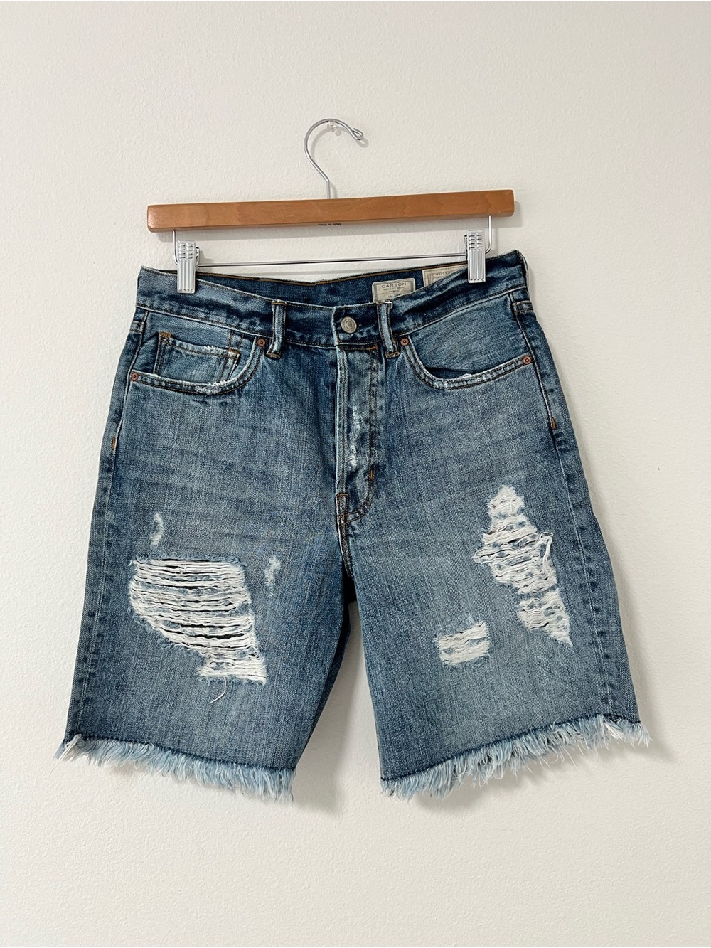 AllSaints Women’s Distressed Blue Carson Boys Fit Denim Shorts
